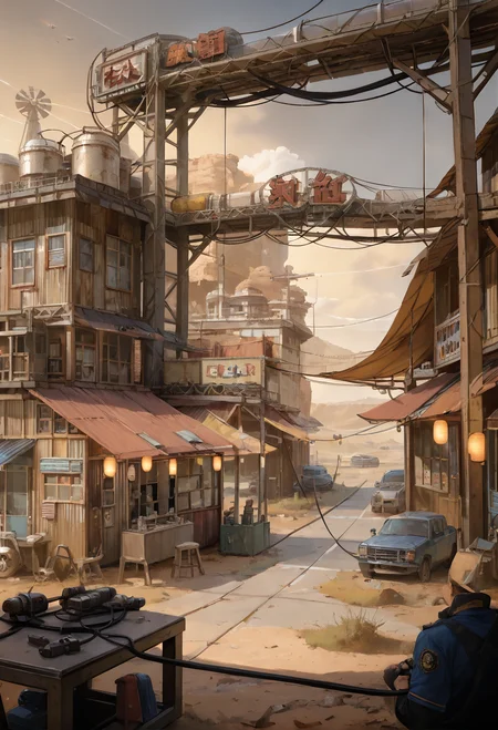 ,ruanyi0776,cable,scenery,<lora:0776 wasteland punk_v1_pony:1>, score_9,score_8_up,score_7_up,,8k,1girl,solo,