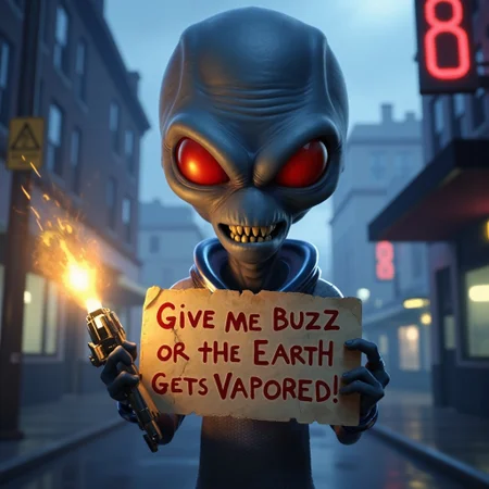 Cryptosporidium the grey alien holding a paper sign that says “Give me buzz or the Earth gets vaporized”, Glowing red eyes, sharp teeth, elongated head, menacing, dramatic lighting,