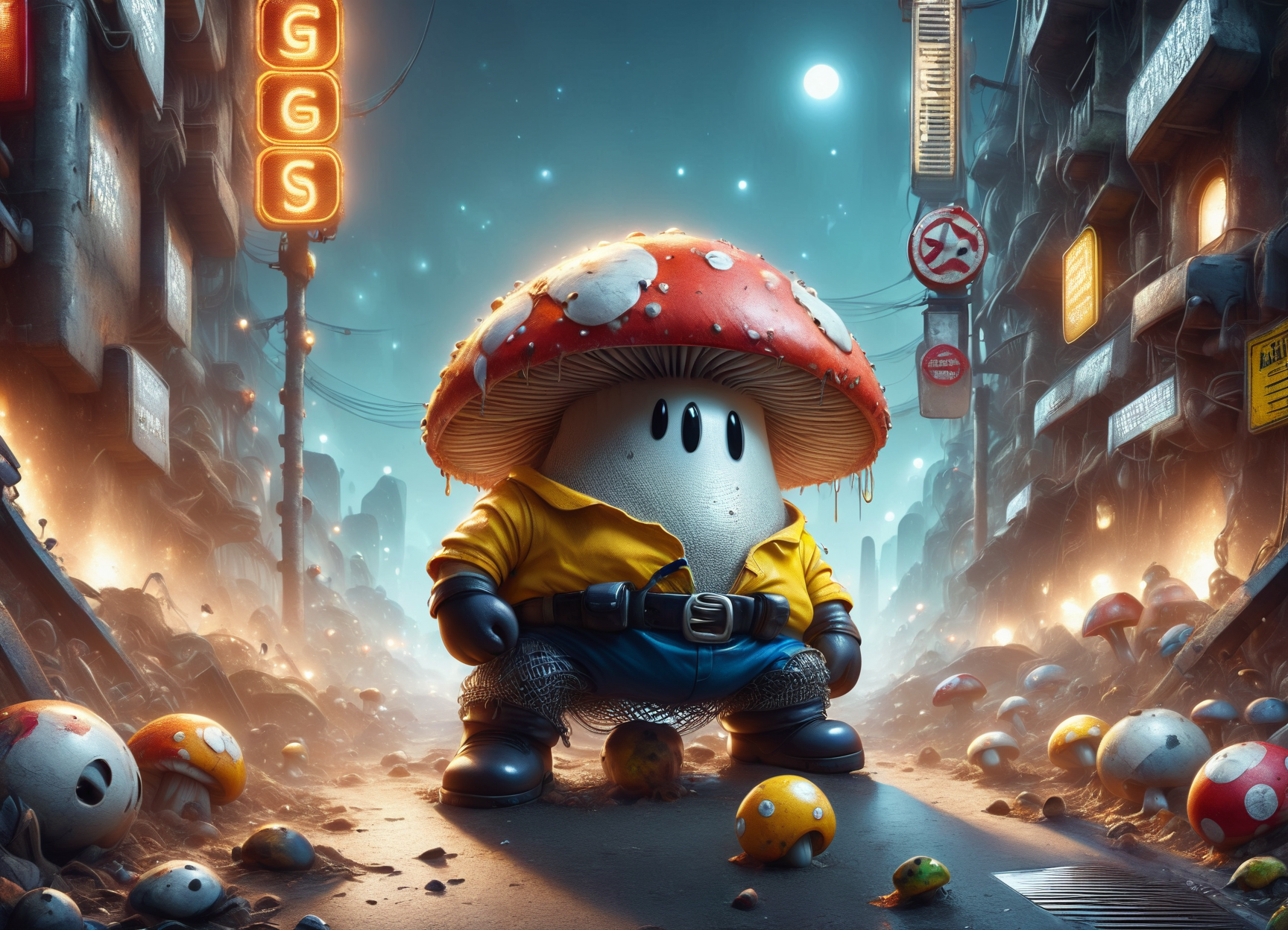 DonM5hr00mKn1gh7XL solo, shroom guy,necrolyte , fields, traffic jam,outdoor seating area,underground cavern,pedestrian crossing <lora:DonM5hr00mKn1gh7XL-pony:1>