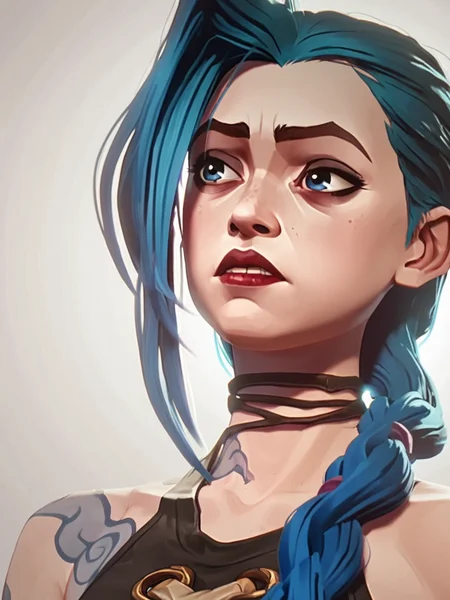 score_9, score_8_up, score_7_up, jinx, a woman with blue hair and a black top, 1girl, solo, long hair, bangs, parted lips, choker, shiny, gradient background, red lips, <lora:arcane_pony_v1-2_mx:0.95>