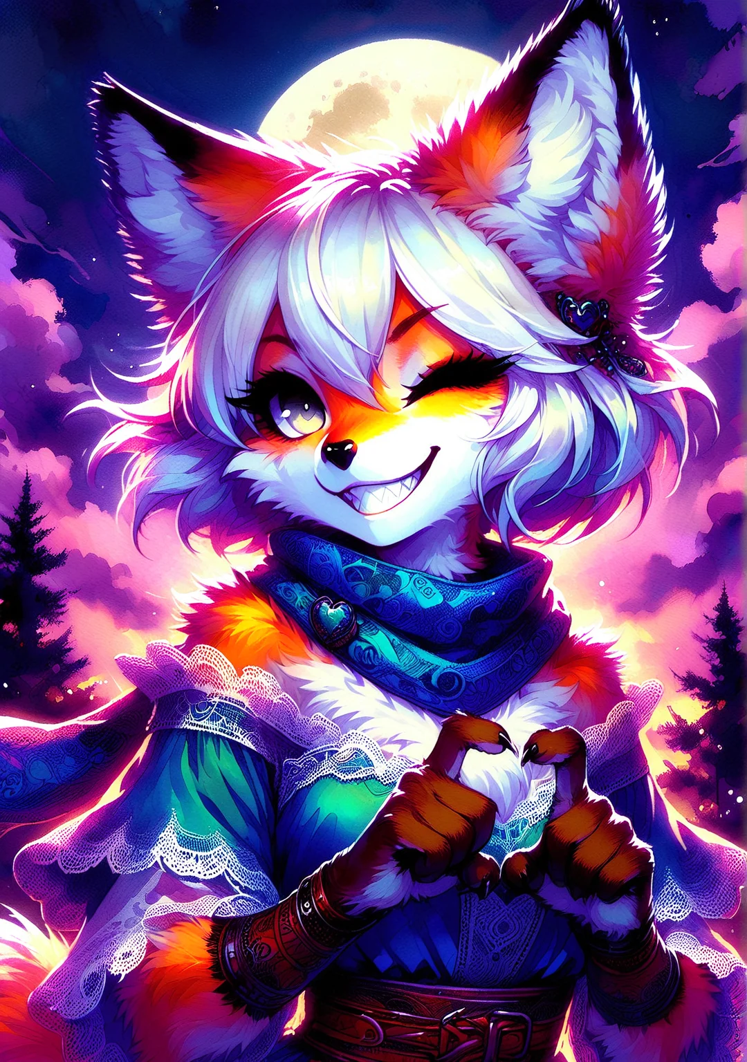 masterpiece,best quality,amazing quality, rdf02, FMIXF2, sfxm2, solo, furry female, fox ears, short hair, white hair, brown body fur, silver eyes, grin, sharp teeth, upper body, tunic, scarf, paws, small claws, wink, wide smile, hand gesture, outdoors, moon, purple clouds, dark sky