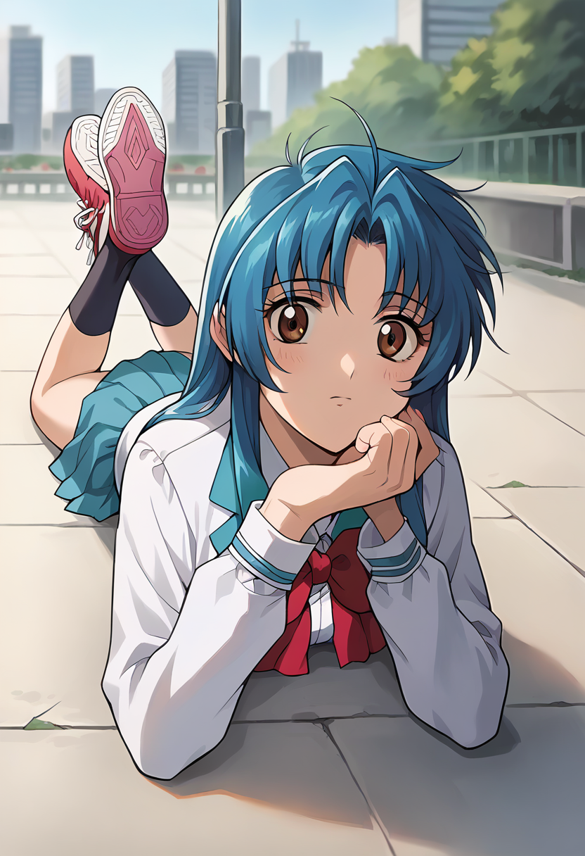 score_9, score_8_up, score_7_up, source_anime, masterpiece, 1girl, ctianchid0ri, blue hair, white blazer, red bowtie, ribbon, long sleeves, blue skirt, looking at viewer, outdoors, city, depth of field, sunny, lying, ground, on ground, on stomach, arm support, hand on chin, sneakers, black kneehighs,<lora:Chidori_Kaname_pony_ct:1>