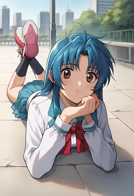 score_9, score_8_up, score_7_up, source_anime, masterpiece, 1girl, ctianchid0ri, blue hair, white blazer, red bowtie, ribbon, long sleeves, blue skirt, looking at viewer, outdoors, city, depth of field, sunny, lying, ground, on ground, on stomach, arm support, hand on chin, sneakers, black kneehighs,<lora:Chidori_Kaname_pony_ct:1>