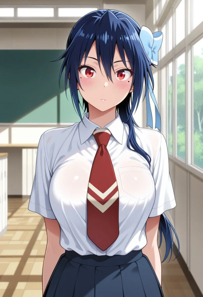 masterpiece,best quality,amazing quality, tsugumi seishiro, blue hair, long hair, red eyes, 1girl, mole, solo, mole under eye, bow, hair bow, necktie, school, school uniform, shirt, blue bow, looking at viewer