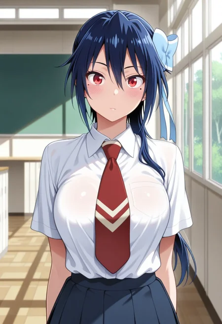 masterpiece,best quality,amazing quality, tsugumi seishiro, blue hair, long hair, red eyes, 1girl, mole, solo, mole under eye, bow, hair bow, necktie, school, school uniform, shirt, blue bow, looking at viewer