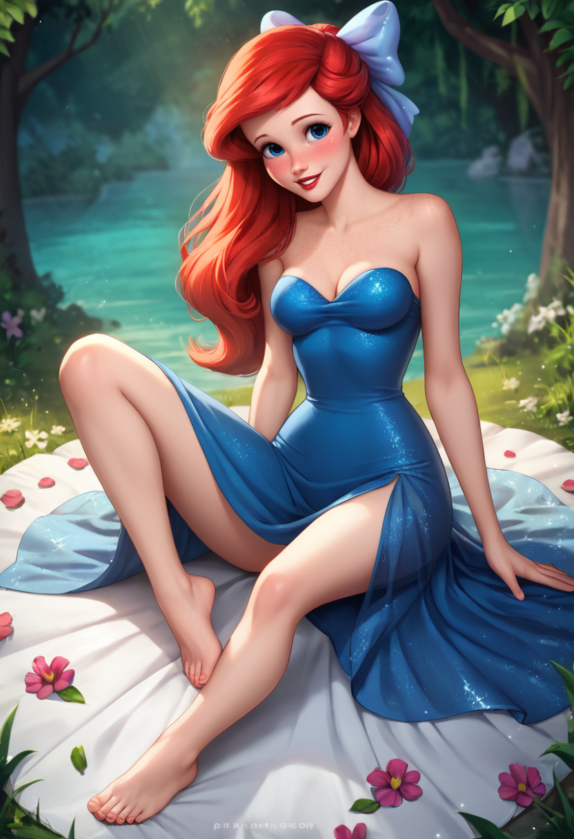 masterpiece,best quality, highly detailed, score_9, score_8_up, score_7_up, score_6_up,source anime,<lora:xl_more_art-full_v1:0.8>,
BREAK
 <lora:ariel:0.8>ariel, 1girl, solo, dress, red hair, barefoot, long hair, blue eyes, flower, hair bow, breasts, bow, sitting, looking at viewer, feet, blue dress, toes, blush, freckles, parted lips, watermark, smile, full body, red lips, lips, see-through, long sleeves, toenails, medium breasts, web address