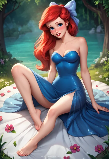 masterpiece,best quality, highly detailed, score_9, score_8_up, score_7_up, score_6_up,source anime,<lora:xl_more_art-full_v1:0.8>,
BREAK
 <lora:ariel:0.8>ariel, 1girl, solo, dress, red hair, barefoot, long hair, blue eyes, flower, hair bow, breasts, bow, sitting, looking at viewer, feet, blue dress, toes, blush, freckles, parted lips, watermark, smile, full body, red lips, lips, see-through, long sleeves, toenails, medium breasts, web address