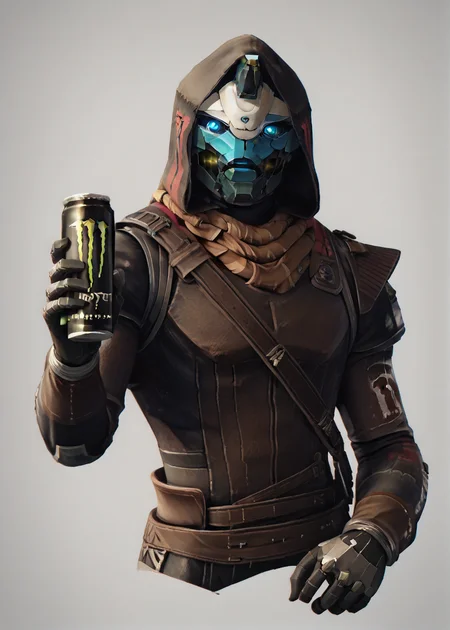 cayde, armor, colored skin, horn, glowing eyes, blue eyes, scarf, hood, full body, robot body, robot joints, holding monster energy, <lora:monsterEenergy_pony:1> <lora:Cayde-6_PonyXL:0.8>, BREAK score_9, score_8_up, score_7_up, score_6_up, score_5_up,