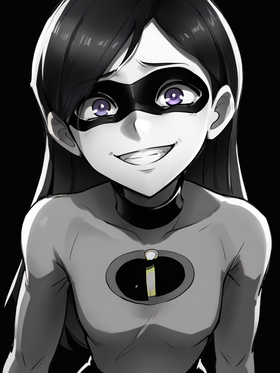 score_9, score_8_up, BREAK, source_anime,  monochrome, greyscale, ebiblue, gesugao, 1girl, violetparr, mask, long hair, black hair, purple eyes, (glowing eyes:0.5),  bodysuit, smile, looking at viewer, solo, sketch, black background   <lora:VioletParrXL:0.9>     <lora:EbiblueXL:1>