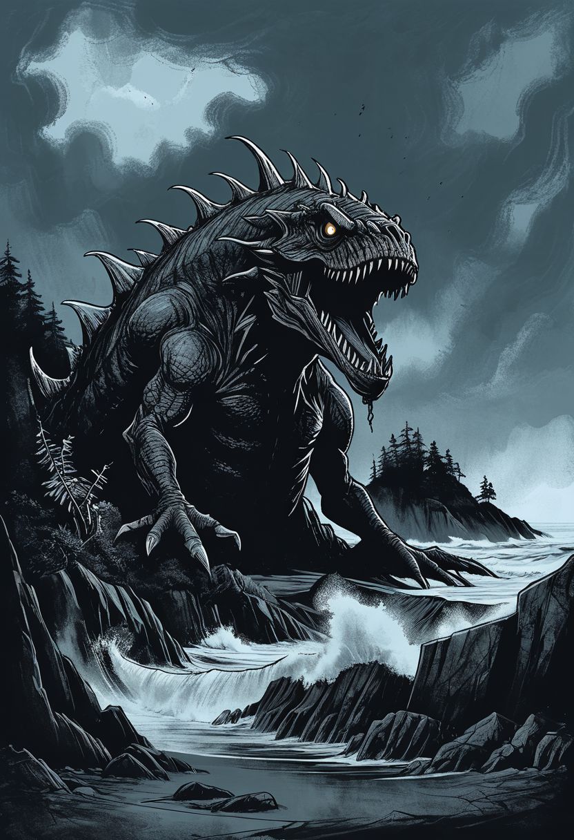 concept art, ink art, 
Giant sea monster beached on a island on a dark stormy day, waves,