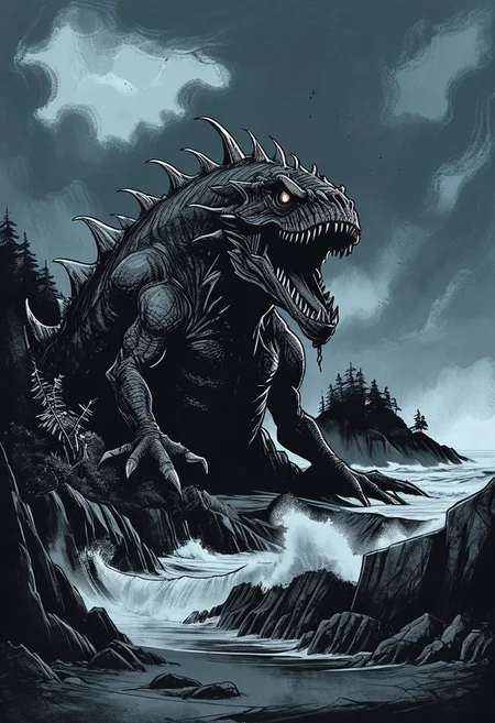 concept art, ink art,
Giant sea monster beached on a island on a dark stormy day, waves,