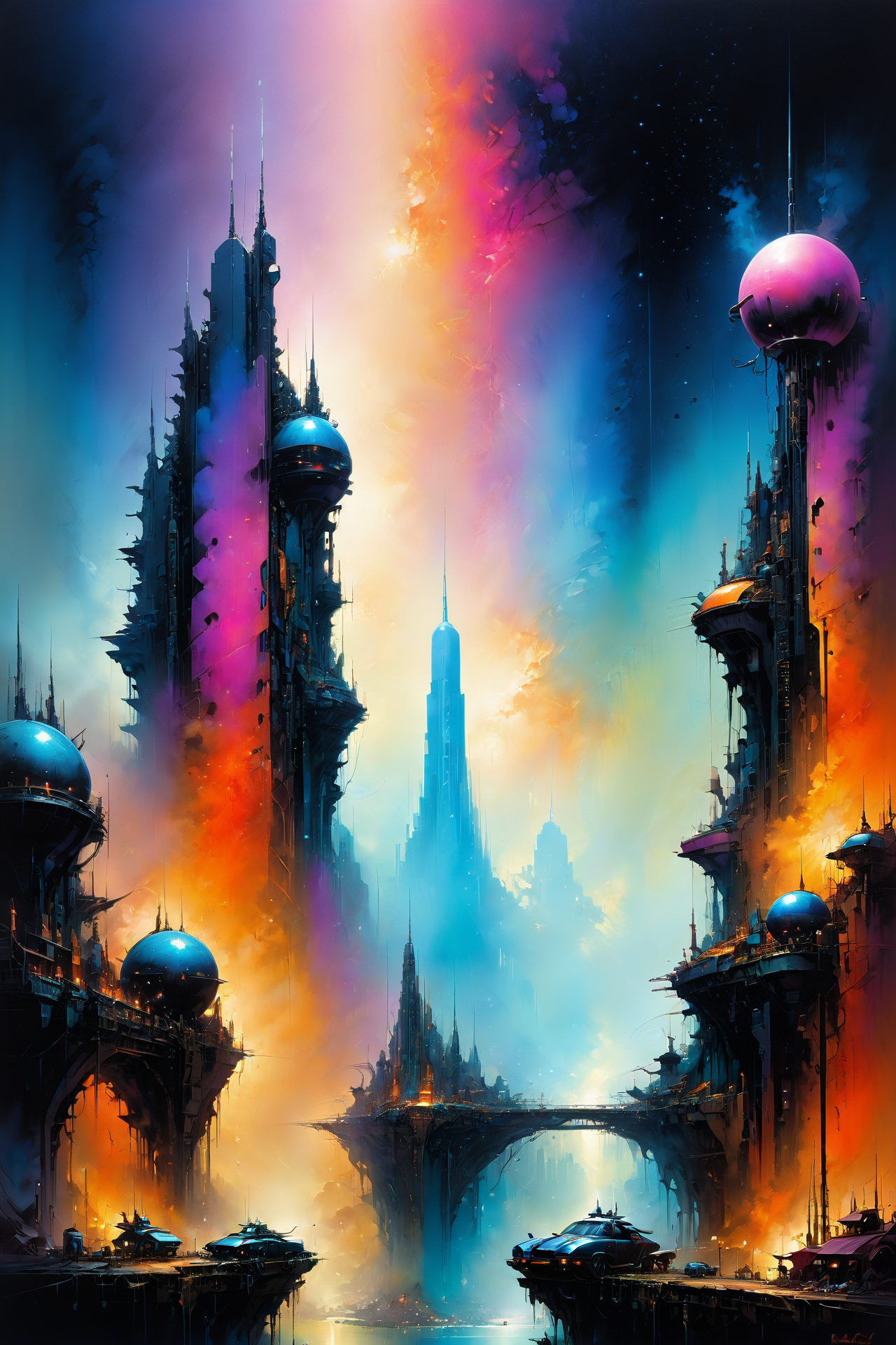 skyline of a dense and sprawling city on a junkworld, cyberpunk, night, neon signs, spotlights, hologram,smoke,  neon lights,  glowing, ethereal light,starry sky, bustling, cosmic hues, vibrant colors, watercolor style, surreal lighting, futuristic motifs, vivid colors, detailed digital art <lora:EnvyJunkworldXL01:0.8>  <lora:Ethereal_Grace:1>, (masterpiece:1.2), best quality, (hyperdetailed, highest detailed:1.2), high resolution textures, <lora:EnvyBetterHiresFixXL01:1>