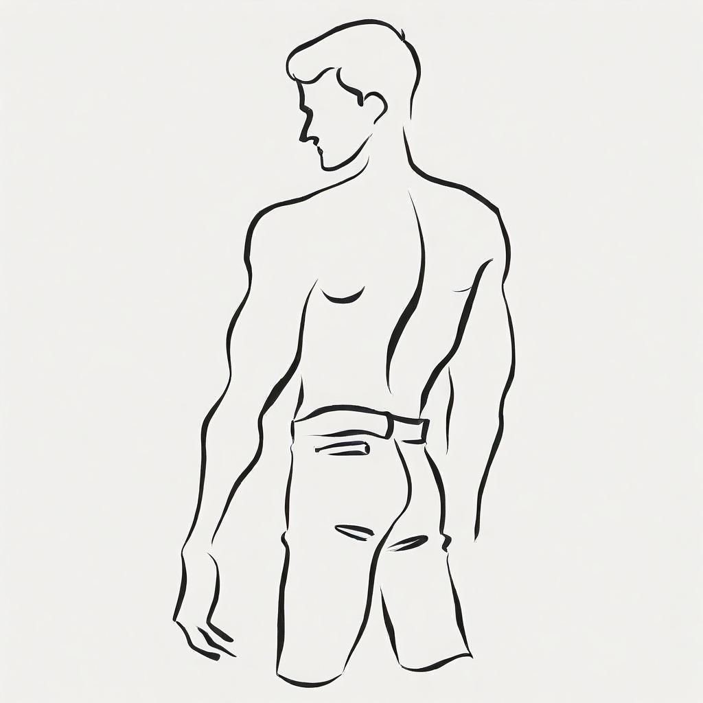 minimalism, sketch, 1man, from back, looking back to viewer, pants, cropped legs, short hair, greyscale