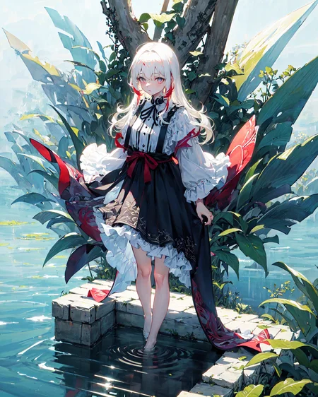 ((masterpiece)), ((high detail)), 1girl, ((ultra-detailed)),((delicate face)), Beautiful detailed eyes, (White blonde hair in gradations with red highlights,gradient hair),long hair, floating hair, ,hairs between eyes, GSHead,1girl ,solo,red eyes,genshin_impact,look at the viewer, ((full_body,distant view)), ((white background)), (Tarot cards border, outside border), Highly reflective mirror-like water underfoot,Step on the lake,,Wide Angle shot, strong light and shadow, cinematographic lens , <lora:tam:1>