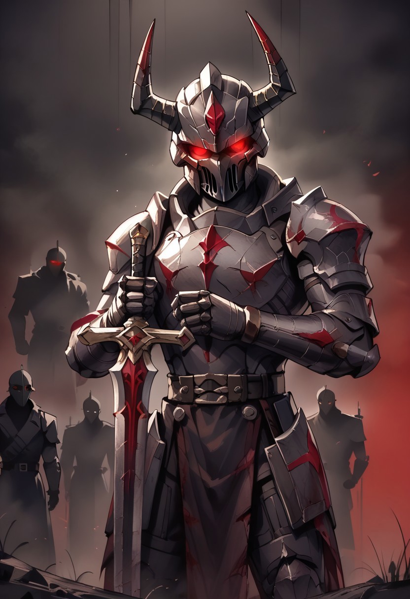 score_9, score_8_up, score_7_up, score_6_up, Dark armored specter holding a sword, red glowing eyes under a helmet with dark horns, spectral mist surrounding lower body, swirling dark tendrils, ominous, ghostly appearance, deep shadows, dark background with faint, ethereal shapes, cold, metallic sheen on armor, dark knight aura, eerie and intimidating presence, strong sense of foreboding, hkstyle, heavy armor, double sword, intricate details giant sword, shadows with glowing eyes in background, army, dutch angle, eerie, scary, p4int3dn0ir art style, planted-sword