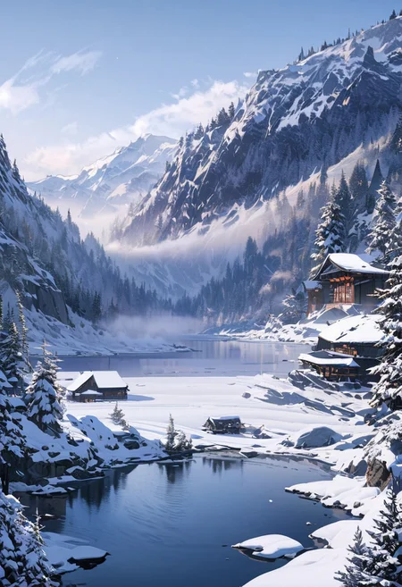 8k, breathtaking, view of a snowy forest by the riverside,  riverside village, morning lake mist, masterpiece, highly detailed, undefined, snow, mist, style-nebmagic.