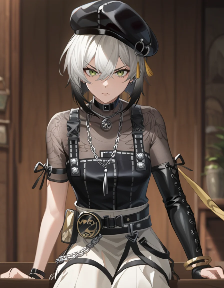 score_9,score_8_up,score_7_up,source_anime,
looking at viewer,serious,cat_pose,
yubing,1girl,solo,black headwear,green eyes,hat,multicolored hair,black hair,jewelry,choker,chain,see-through,hair between eyes,white hair,short hair,skirt,<lora:yubing_pony2:0.75>,<lora:Anime_Screencap:1>,anime screencap,sitting,depth of field,Tyndall effect,Cinematic Lighting,cinematic_angle,