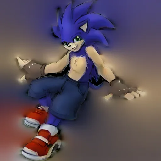 shoes, furry male, red footwear, 1boy, gloves, animal nose, fingerless gloves, full body, green eyes, blue fur