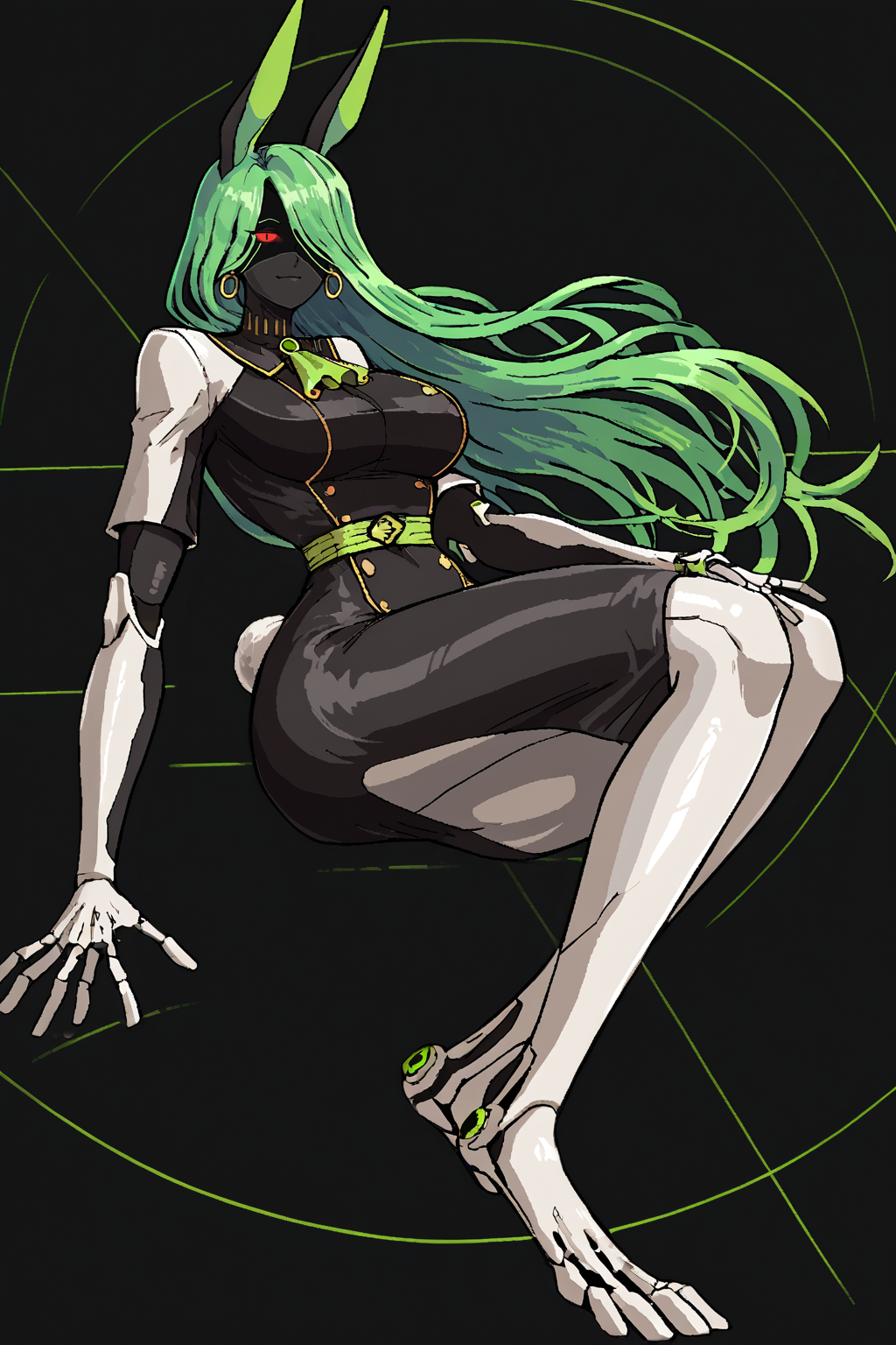 score_9, score_8_up, score_7_up, score_6_up, score_5_up, score_4_up, BREAK, source_anime, solo, 1girl, rating_safe, ((mature female)), ((long green flowing hair)), mechanical parts, ((plastic, polymer, metal body)), (big mechanical rabbit ears), mature female, (bunny ears), (animal ears), subdermal port, ((milf, mature female, big breasts)), hexagon lines in skin, naval uniform overcoat, naval uniform, white military uniform, dress_uniform, ribbons, ((red eyes)), bunny tail, rabbit tail, aiguillette, ((green hair)), ascot, ((Ground level (from the side) view medium Close shot (focus on waist), Lying on the back, feet in the air as if walking on the ceiling )), pilot suit, shoulder cutout, bunny rabbit Tail, ((hair over one eye, )), digitigrade, clawed feet, minimal clothes, ((metal skin, shiny skin, vampire aesthetic, digital eyes, filled eyes, monochromatic eyes, glowing eyes, colored sclera, red sclera, mechanical eyes, partially shaded face, slit pupils, angular, minimal face, minimalism, narrow eyes, large eyes)), (anubis \(mythology\), anubis \(mythology\), ), <lora:Pony_DetailV2.0:1.5>, <lora:age_slider_v4:4>, ((dark, shaded, black background, horror, GREEN HAIR,)) <lora:ECHANIS:0.7>,  <lora:Valmardraws:1> by valmardraws, pixel art