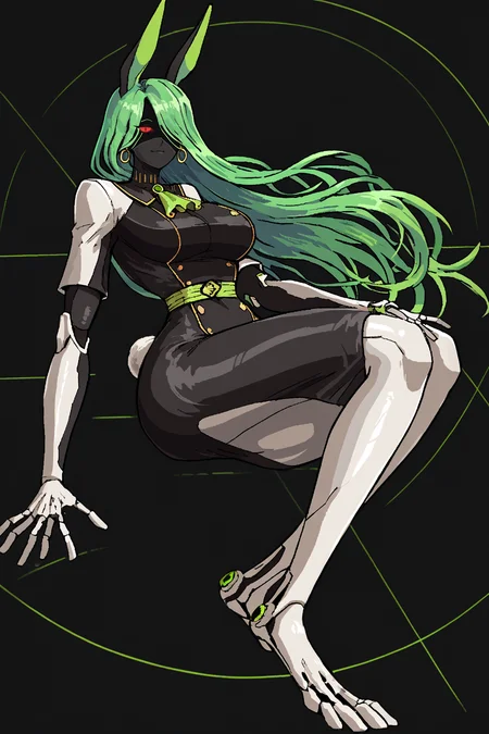 score_9, score_8_up, score_7_up, score_6_up, score_5_up, score_4_up, BREAK, source_anime, solo, 1girl, rating_safe, ((mature female)), ((long green flowing hair)), mechanical parts, ((plastic, polymer, metal body)), (big mechanical rabbit ears), mature female, (bunny ears), (animal ears), subdermal port, ((milf, mature female, big breasts)), hexagon lines in skin, naval uniform overcoat, naval uniform, white military uniform, dress_uniform, ribbons, ((red eyes)), bunny tail, rabbit tail, aiguillette, ((green hair)), ascot, ((Ground level (from the side) view medium Close shot (focus on waist), Lying on the back, feet in the air as if walking on the ceiling )), pilot suit, shoulder cutout, bunny rabbit Tail, ((hair over one eye, )), digitigrade, clawed feet, minimal clothes, ((metal skin, shiny skin, vampire aesthetic, digital eyes, filled eyes, monochromatic eyes, glowing eyes, colored sclera, red sclera, mechanical eyes, partially shaded face, slit pupils, angular, minimal face, minimalism, narrow eyes, large eyes)), (anubis \(mythology\), anubis \(mythology\), ), <lora:Pony_DetailV2.0:1.5>, <lora:age_slider_v4:4>, ((dark, shaded, black background, horror, GREEN HAIR,)) <lora:ECHANIS:0.7>,  <lora:Valmardraws:1> by valmardraws, pixel art