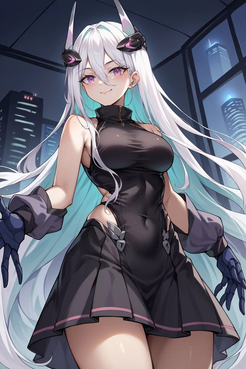 score_9, score_8_up, score_7_up, , rating_general ,1girl , kearsd, hair between eyes, absurdly long hair, multicolored hair, absurdly long hair, mechanical hands, (lace black sleeveless turtleneck dress:1.1), high-low skirt , dynamic angle , source_anime, <lora:KearsargePDCAME AL-000006:1>, cowboy shot, indoors, naughty face, smile, night, skyscraper,