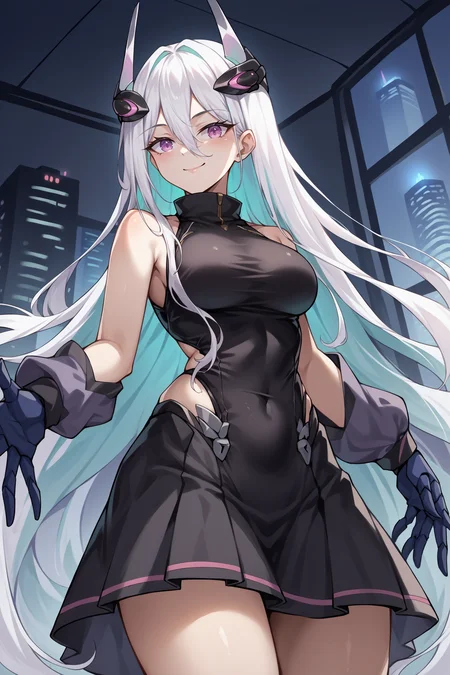 score_9, score_8_up, score_7_up, , rating_general ,1girl , kearsd, hair between eyes, absurdly long hair, multicolored hair, absurdly long hair, mechanical hands, (lace black sleeveless turtleneck dress:1.1),  high-low skirt , dynamic angle , source_anime, <lora:KearsargePDCAME AL-000006:1>,  cowboy shot, indoors, naughty face, smile, night, skyscraper,