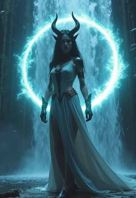 score_9, score_8_up, score_8_up, ((Cinematic composition)),((masterpiece)), (resplendent lighting), absurdres, very fine detail, 8k.
(1girl, beautiful girl, futuristic half human and half demoness) in an action spell-casting pose, summoning her magics, glowing light swirl in orbit around her, sly smile. Beautiful and dangerous atmosphere. Standing in water gushing like waterfalls from high up the building. Resplendent spotlight highlighting, cinematic composition and lighting. Masterpiece,