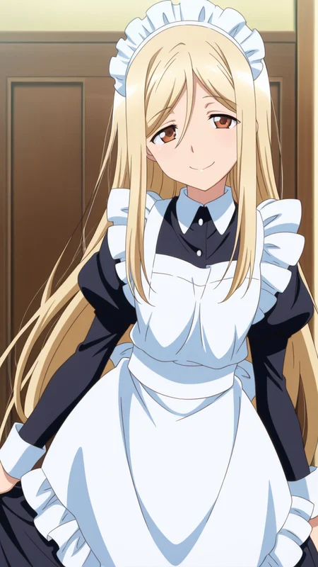 solo, smile,, masterpiece, best quality, amazing quality, very aesthetic, absurdres, newest, anime screencap, <lora:takanoILM:1>, takano miyo, long hair, very long hair, blonde hair, parted bangs, brown eyes, hair between eyes,, maid, maid apron, frills, frilled dress, black dress, maid headdress, modern house,