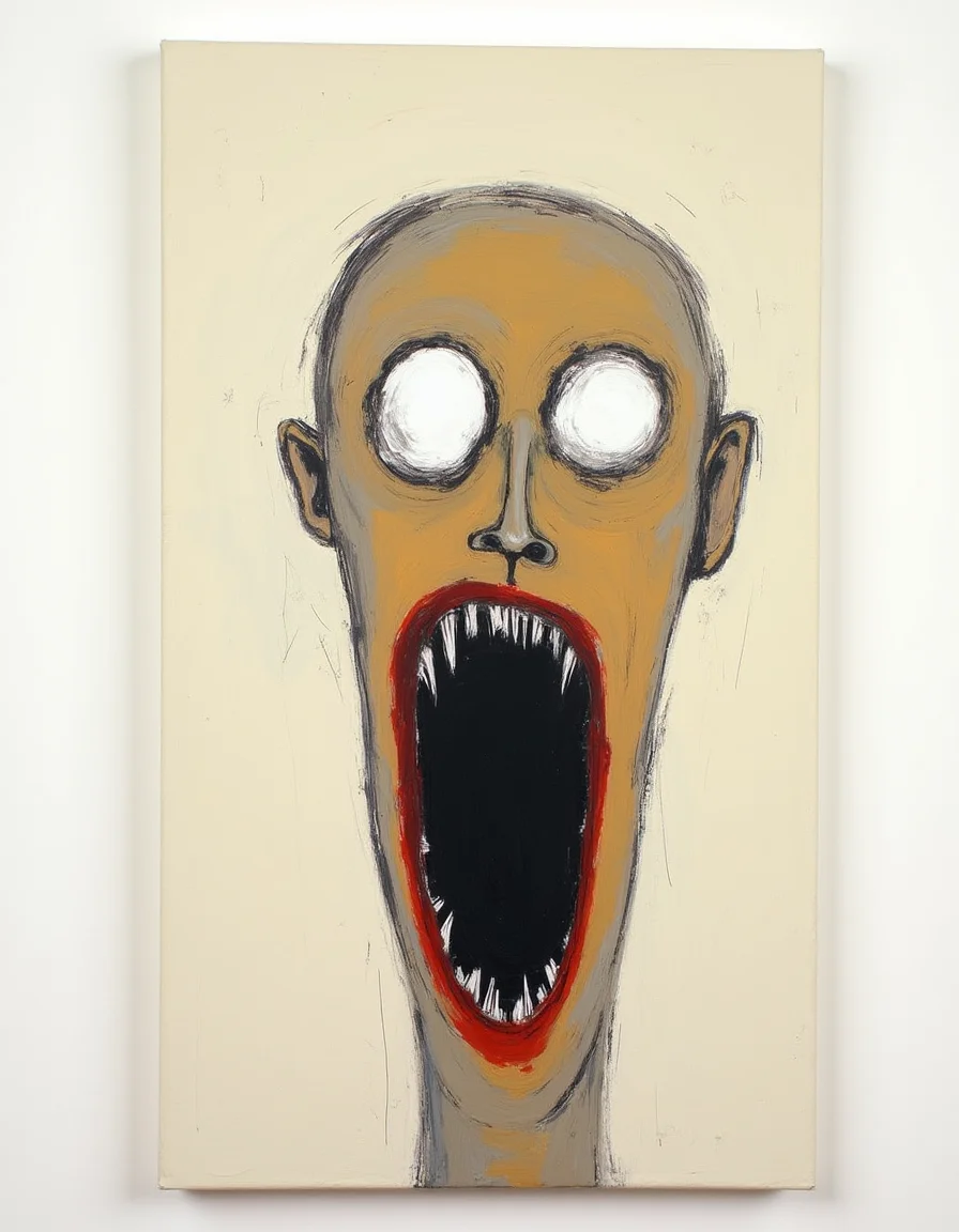 A simplistic, abstract painting of a face with an exaggeratedly long, open mouth and hollow, empty eyes. The composition is raw and unsettling, rendered with scratchy, uneven brushstrokes that give the piece a distressed, primal quality. The face is elongated and slightly distorted, occupying most of the canvas, with minimal background detail to emphasize the subject's eerie presence.
The open mouth dominates the lower half of the face, stretching unnaturally downward, painted with jagged lines in dark red and black tones. The eyes are void-like, stark white ovals with rough, uneven edges, creating a sense of emptiness and unease. The facial structure is suggested rather than defined, with sketchy, overlapping lines in muted, earthy tones like ochre, brown, and gray.
The background is a flat, pale beige or off-white, intentionally left sparse, with only faint, scratchy textures that hint at wear and imperfection, complementing the rawness of the central figure. The overall aesthetic is deliberately rough and unpolished, evoking a sense of raw emotion and existential dread.
Medium and Style:
Acrylic or oil on canvas, using dry brushes and palette knives for the scratchy texture.
A minimalistic, expressionist style, focusing on mood over detail.