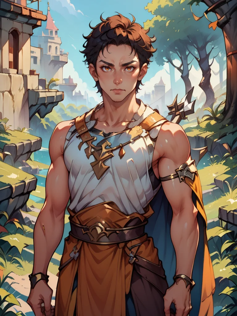 source_anime ,score_9, score_8_up, score_7_up, score_6_up, rating_safe, source_anime, BREAK 1man, wearing a fantasy_toga, sleeveless,holding a spear and a round shield, <lora:Fantasy_toga_PonyXL:1>