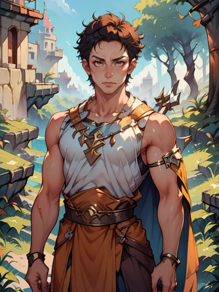 source_anime ,score_9, score_8_up, score_7_up, score_6_up, rating_safe, source_anime,  BREAK 1man, wearing a fantasy_toga, sleeveless,holding a spear and a round shield, <lora:Fantasy_toga_PonyXL:1>