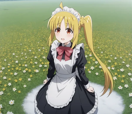 score_9, score_8_up, score_7_up, highres, hi res, best quality, masterpiece, 2d, intricate details, 4k, anime coloring, shadow, uncensored,
1girl, solo, female, :3, long hair, blonde hair, red eyes, ahoge, sidelocks, side ponytail, detached ahoge,
maid headdress, maid, maid apron, long sleeves, black dress, frills, frilled dress, frilled skirt, frilled sleeves, long dress,
cowboy shot, three-quarter portrait, facing viewer, front view, standing,
flower field, outdoors, grass, on grass, depth of field, motion blur, <lora:Nijika_Ijichi_1024_Pony:1>, ijichi nijika, bocchi the rock!,