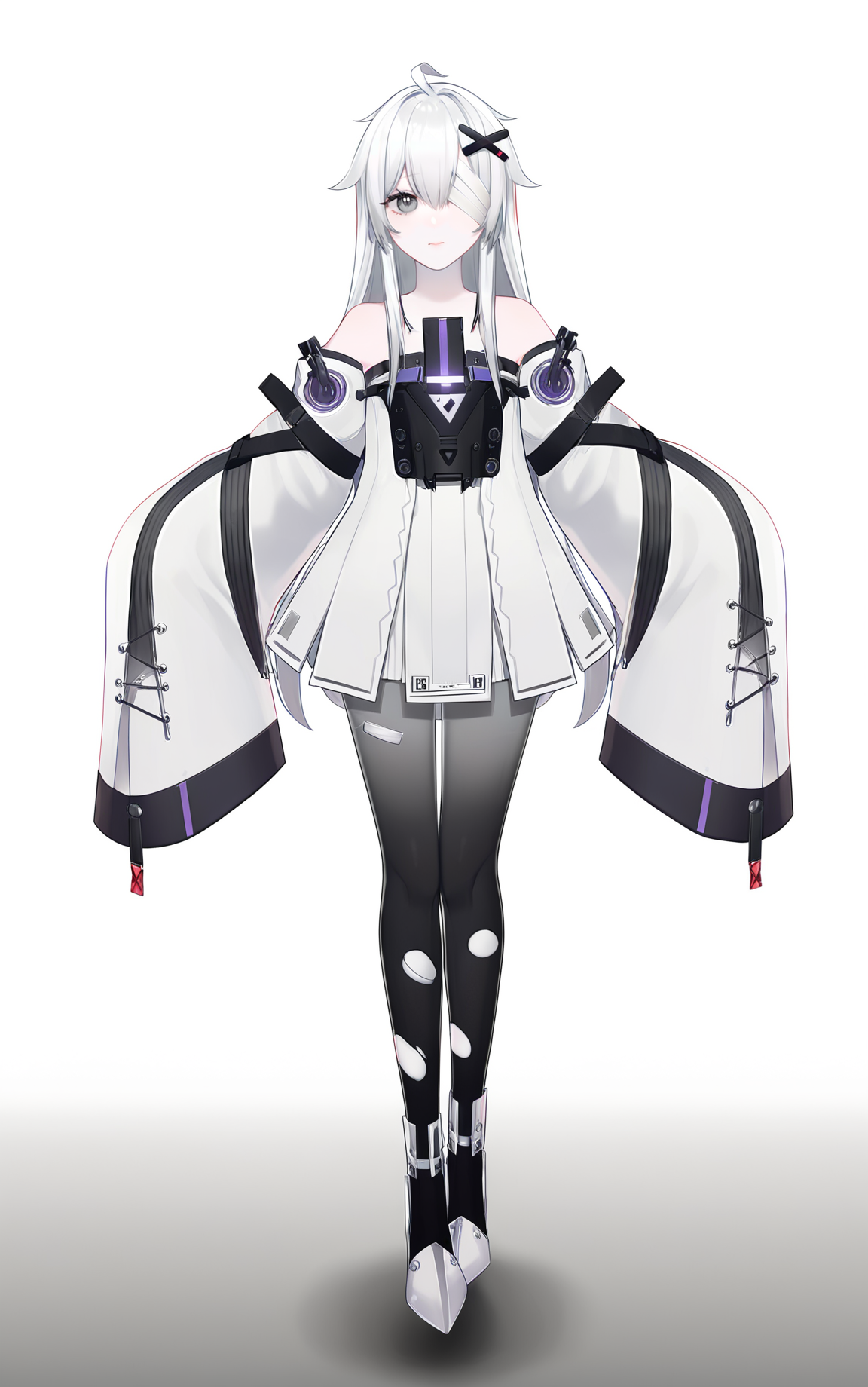 8k, best quality, masterpiece, (ultra-detailed), (high detailed skin), (by nanoless, by misumi \(macaroni\),:0.5), 
A full-body portrait of a young girl, standing gracefully, pastel art style, high-key lighting, shoujo manga influence, hd quality, delicate details, 
full body, full shot, standing, looking at viewer, (solo:1.2), simple background, white background, 
<lora:21XXI-a3-Tanger:0.8>, 21XXI, 1st clothes, x hair ornament, 1girl, long hair, white hair, torn clothes, pantyhose, torn pantyhose, grey eyes, sleeves past wrists, bandage over one eye,