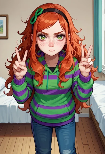 score_8, score_8_up, score_7_up, source_anime, 1girl, solo, female focus, ViviJa, red hair, very long hair, messy hair, asymmetrical bangs, parted bangs, sidelocks, freckles, bags under eyes, hairband, ribbon hair ornament, infinity symbol, green ribbon, black shirt, striped hoodie, green hoodie, purple hoodie, hood down, jeans, blue jeans, white socks, no shoes, full body, double v, frown, full body, standing, looking at viewer, bed, bedroom, wall,