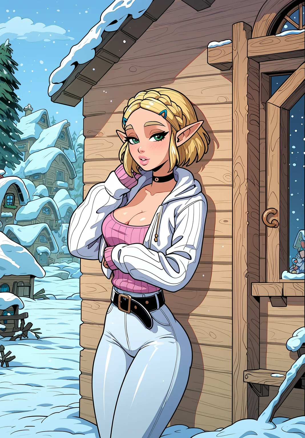 score_9, score_8_up, score_7_up, 1girl, solo, Princess zelda from breath of the wild, 4k, ultra high quality, sexy, white pants, black belt, white winter jacket, pink ribbed sweater, short hair, blonde eyebrows, seductive, snow village, wooden cottage, leaning against wall, snow, winter, full lips, cleavage, choker, thigh gap, black eyeliner, hourglass body, thick thighs, <lora:AkaburV2_PDXL:0.5> <lora:CherryMouseStreetStylePonyLyco:0.5> <lora:rabiestlagomorph-guy-PONYv1:0.5> <lora:Body Type_alpha1.0_rank4_noxattn_last:2> <lora:Expressive_H:1> expressiveh <lora:EnvyStarlightPrettyEyes01:1> <lora:add-detail-xl:1.5> <lora:OldAnimeStyle_XL_v3:0.3>