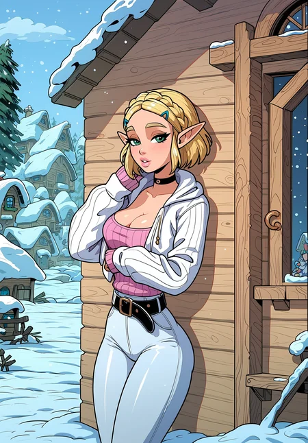 score_9, score_8_up, score_7_up, 1girl, solo, Princess zelda from breath of the wild, 4k, ultra high quality, sexy, white pants, black belt, white winter jacket, pink ribbed sweater, short hair, blonde eyebrows, seductive,  snow village, wooden cottage, leaning against wall, snow, winter, full lips, cleavage, choker, thigh gap, black eyeliner, hourglass body, thick thighs,  <lora:AkaburV2_PDXL:0.5> <lora:CherryMouseStreetStylePonyLyco:0.5> <lora:rabiestlagomorph-guy-PONYv1:0.5>   <lora:Body Type_alpha1.0_rank4_noxattn_last:2> <lora:Expressive_H:1> expressiveh <lora:EnvyStarlightPrettyEyes01:1>   <lora:add-detail-xl:1.5>  <lora:OldAnimeStyle_XL_v3:0.3>