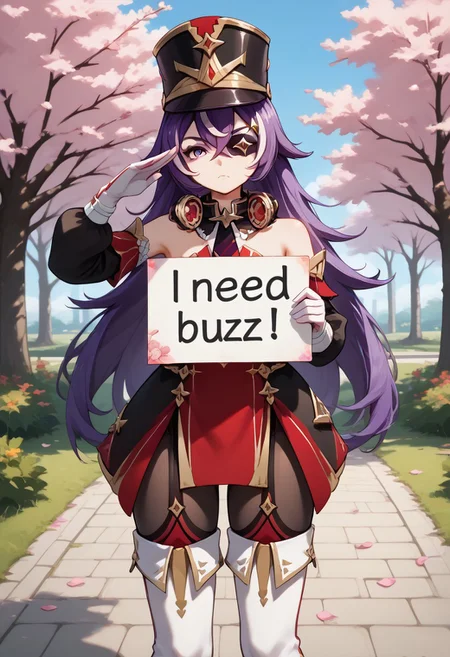 Detail background, score_9, score_8_up, score_7_up, source_anime, Expressiveh, chevydef, purple eyes, purple hair, streaked hair, long hair, pointy hair, hair between eyes, eyepatch, mole under mouth, earmuffs, shako cap, gold trim, black necktie, red dress, strapless dress, puffy detached sleeves, bare shoulders, black headwear, detached collar, white gloves, black pantyhose, white footwear, thigh boots, standing, salute, serious look, 5 fingers, beautifully, looking at viewer, on a park, cherry blossoms, outdoors, tree, petals, need_buzz, holding sign, english text