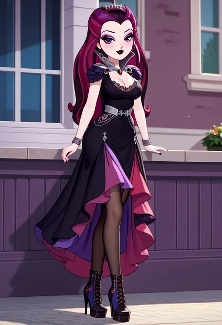 score_9, score_8_up, score_7_up, score_6_up, score_5_up, best high quality, high res, human, equestria girls, g4, cute, female, large butt, presenting, sexy, solo, solo female, 
OverallDetail, masterpiece, best quality, score_9, score_8_up, looking at partner, lidded eyes, solo, 1girl, adult woman, 20 years old, 
easynegative,  raven queen, multicolored hair, purple hair, magenta hair, dark hair, purple eyes, dark lipstick, black dress,   cleavage,  black pantyhose, leg up, high heels, high heel boots, lace boots,
five fingers, close-up, female, show accurate, breasts, cute, blush, masterpiece, best quality, source_cartoon, thin, tall, makeup, full body visible, 
wide hips, indoors, detailed, beautiful, anatomically correct, blushing, breasts, big breasts, blushing, cleavage,  
outdoors,  large ass