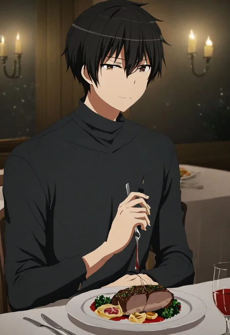 high resolution, solo, best quality, 1Boy, Kanie Seiya, Black Hair, dating, romantic, dinner, OverallDetail
