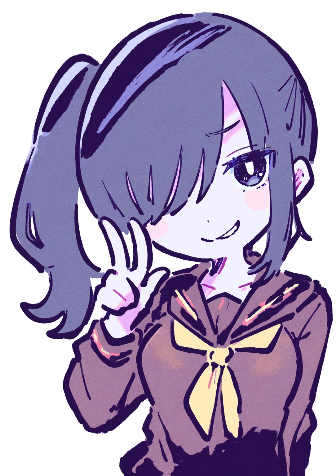 masterpiece, best quality, very aesthetic BREAK kiato, 1girl, solo, brown serafuku, black hair, black eyes, hair over one eye, side ponytail, smirk, peace sign, v, upper body, small breasts, bright pupils
<lora:noob05-kiato-unet only-feb18-step00002464:1>