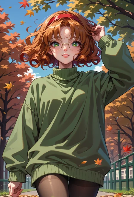 score_9, score_7_up, source_anime, solo, BREAK <lora:AEFuu-000009:0.8>
AEFuuDef, green eyes, curly hair, parted bangs, short hair, glasses, rimless eyewear, round eyewear, red hairband, green sweater, floating hair, wind, falling leaves, hand in own hair, smile, pantyhose, cable knit sweater, green sweater, oversized sweater,