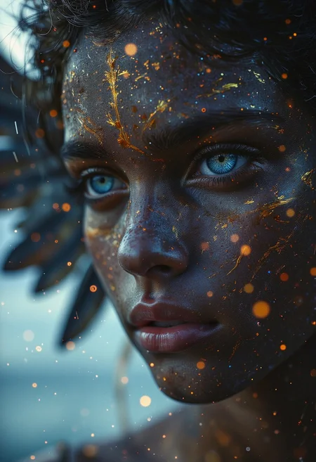 The Dark Angel hovers above the earth. Anxious expression on face and gaze. Concept art by Pino Daney, Jeremy Mann, Greg Rutkowski, Konstantin Razumov, Realistic portrait of a dark angel, close-up, with soft blue eyes, golden spirit, golden threads, beautiful natural landscape with sea background, key light reflected into the eyes, painted background, studio portrait, soft light, oblique lighting, eye twinkle, background bokeh, painterly, (face detail: 1.3), (eye detail: 1.3 8K, Ultra-HD, stunning, breathtaking beauty, pure perfection, divine presence, unforgettable, impressive, breathtaking beauty, volumetric light, auras, rays, symmetry, colored, intricate, volumetric lighting, masterpiece, sharp focus, ultra-detailed in the style of Dan Mumford and Mark Simonetti, astrophotography.