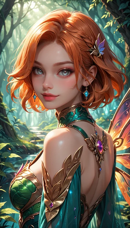 score_9, score_8_up, score_7_up, Portrait, girl, fire fairy, cute, seductive, innocent, light smile:0.3, plump lips, slender body, french bob copper hair, silver eyes, in high detailed copper light armor, reflective, intricated, big detailed flaming wings, symmetrical wings, chromatic aberration, colorful, bright colors, moonlight passing through hair, enchanted forest background, 4n1v3rs3, depth of field, dynamic angle, fashion photography, sharp, hyperdetailed:1.15
