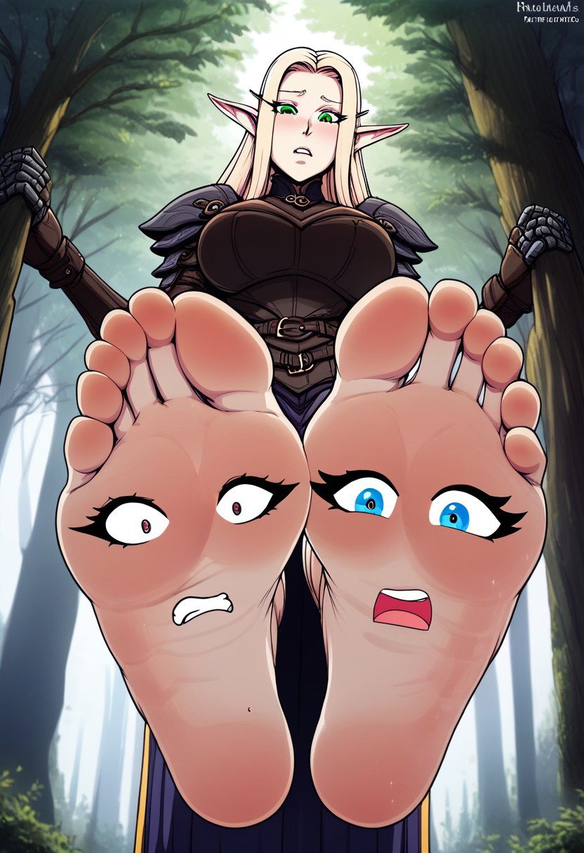 PONYXL_WaifuFeetPics_ownwaifu blonde elf girl in forest at night. wearing leather armor with bare feet, feet soles toes, feet on display, magical sparkles around soles. sentient feet, female faces on soles. worried faces on soles. sentient feet. feet come to life. bold colors. detailed shading. sexy feet. extreme perspective. view from below. elf standing over viewer.