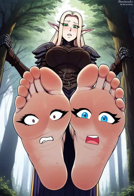 PONYXL_WaifuFeetPics_ownwaifu blonde elf girl in forest at night. wearing leather armor with bare feet, feet soles toes, feet on display, magical sparkles around soles. sentient feet, female faces on soles. worried faces on soles. sentient feet. feet come to life. bold colors. detailed shading. sexy feet. extreme perspective. view from below. elf standing over viewer.
