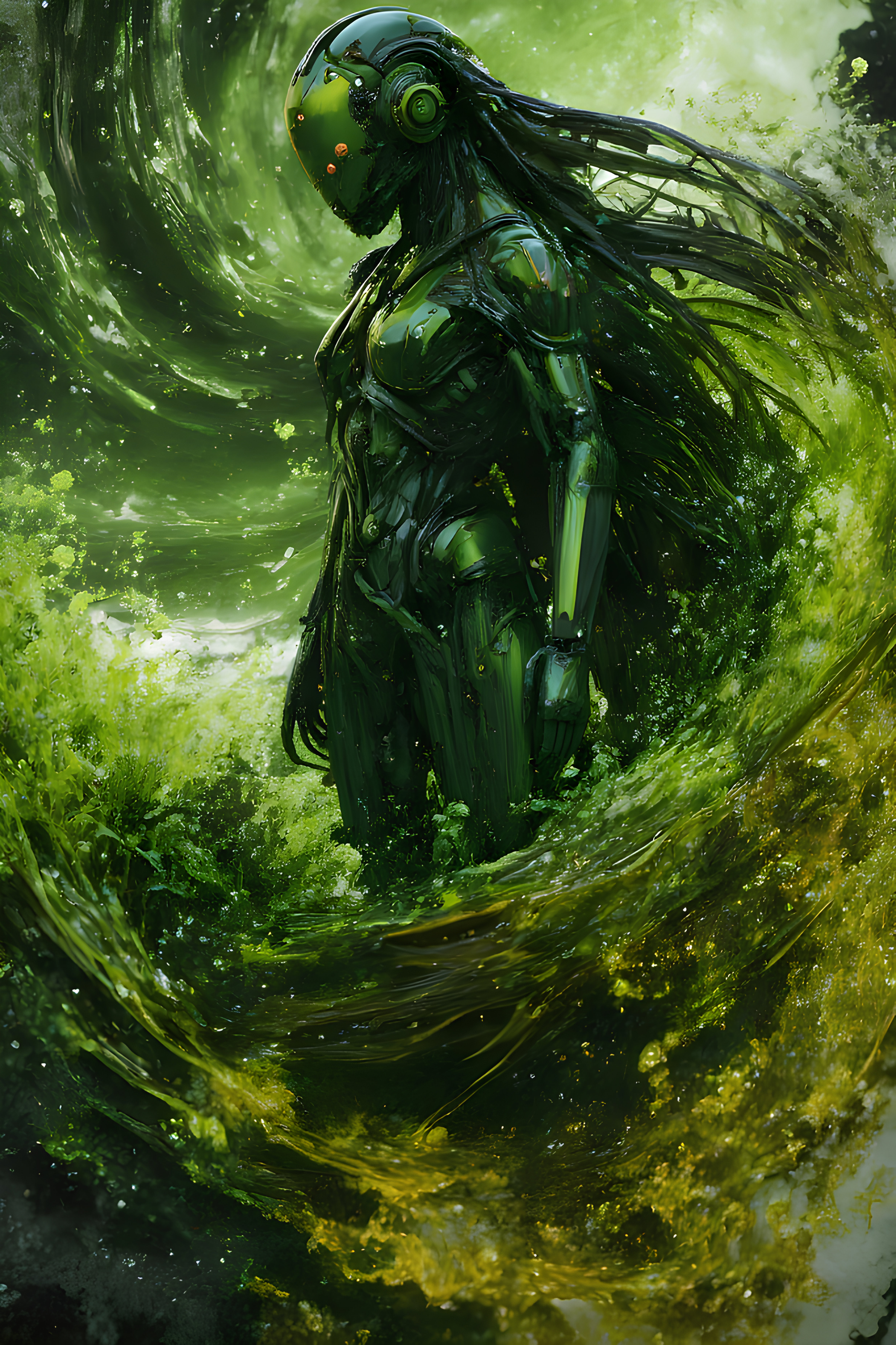 Fluid, yellow cyborg submerged in a pool of molten green-gold.  Cyborg figure, shrouded in liquid green-gold,  flowing and rippling around a white, Dynamic, flowing green-gold liquid forms a dramatic, ethereal composition.  Green-Gold liquid texture is highly detailed, exhibiting a viscous, almost metallic sheen.  White, shadowy background suggests a cave or rocky terrain, with an ethereal, light source emanating from behind.  Full body shot,  extreme close-up perspective, showcasing a complex interplay of light and shadow.  The mood is mysterious and otherworldly, imbued with an air of quiet power.  Fluid, green-gold, and dark tones dominate the palette.  Liquid motion, abstract, surrealism style.  Camera angle is positioned at a slight downward view, emphasizing the subject's immersion within the green-golden liquid.  green-Gold is of various shades, from light amber to deep ochre.  cyborg figure's form is implied, with the liquid green-gold obscuring a substantial portion of the body's form,cyberpunk 