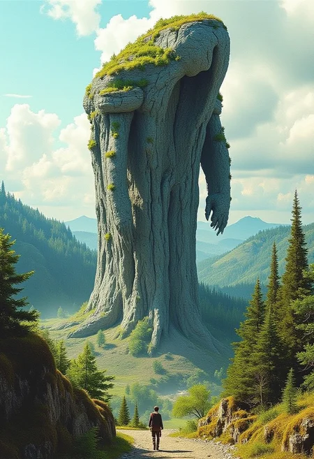 Beauty, realism, cinematography, chiaroscuro, rays of light, play of shadow and light, cinematic quality, Cinematic style.
(A color ink sketch by Moebius, Katsuya Terada, Jeffrey Catherine Jones), a wanderer meeting an ancient giant rock automaton with foliage growing all over her body, female Titan monster like a hunched over crone, lumbering, bent over, crooked back, hulking shoulders. like a living hill, towering, view from below, an angle that enhances the feeling of seeing something truly awesome and ancient, a landscape of forested hills, cloudy sky