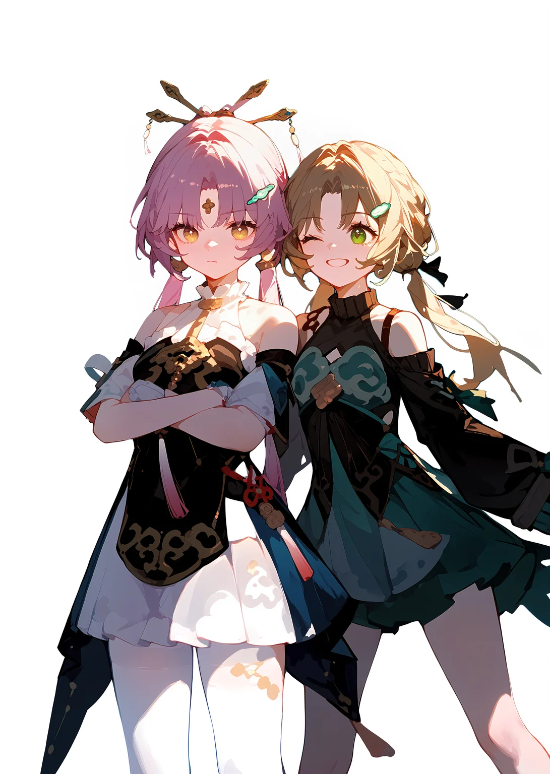 (score_9, score_8_up, score_7_up), 2girls, standing, simple background
BREAK <lora:fuxuan-strPO-v1b:0.8>, 1girl, fuxuan, hair ornament, white pantyhose, crossed arms, closed mouth
BREAK <lora:qingque-strPO-v1ar:0.8>, 1girl, qinque, shoulder cutout, bare legs, smile, one eye closed,