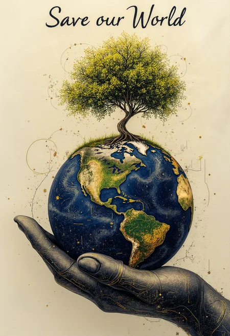 pst006, AI, Artificial Intelligence Concept, a digital world in his hand, on the top of the world a green tree, Futuristic technology transformation, Writing above "Save our World"