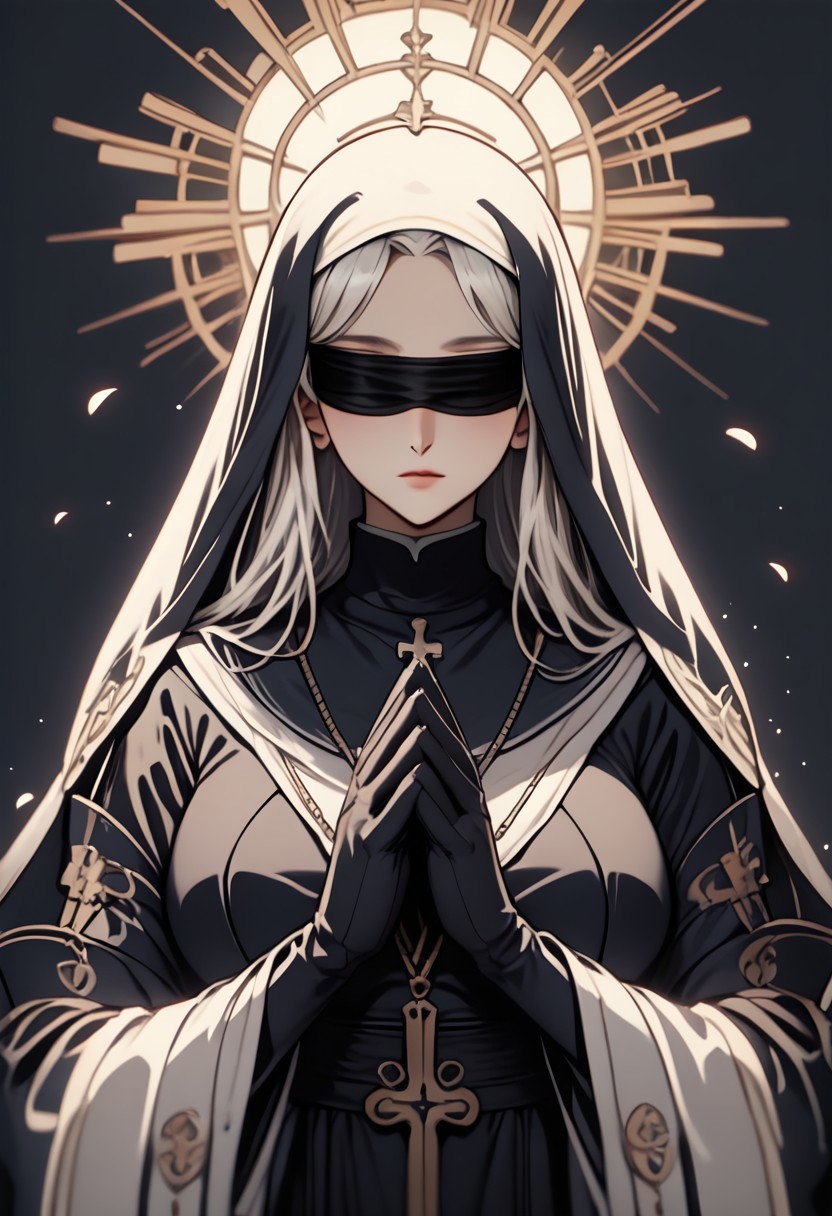 (score_9, score_8_up), score_7_up, 1girl, long hair, large breasts, simple background, gloves, long sleeves, white background, dress, jewelry, upper body, white hair, black gloves, hood, wide sleeves, necklace, black dress, blindfold, halo, own hands together, cross, veil, interlocked fingers, hood up, nun, own hands clasped, praying,, 
depth of field, blurry background, black background, dark, CINE, embers, UKIYO, MUCHA, ANIME